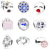 925 Sterling Silver Heart Cat Skull Face Red Lip Beads for Women Berloque