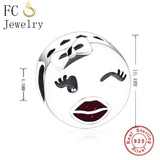 925 Sterling Silver Heart Cat Skull Face Red Lip Beads for Women Berloque