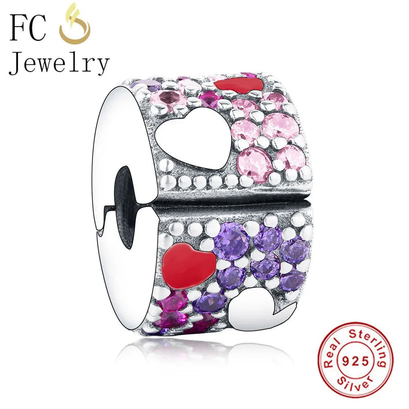 925 Silver Heart Zircon Stone Clip Stopper Lock Bead Charm Bracelet
