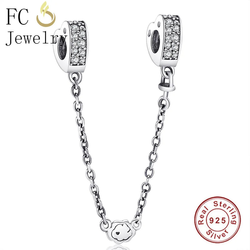925 Silver Hearts CZ Safety Chain Charms Bracelet for Women