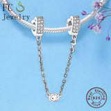 925 Silver Hearts CZ Safety Chain Charms Bracelet for Women