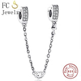 925 Silver Hearts CZ Safety Chain Charms Bracelet for Women