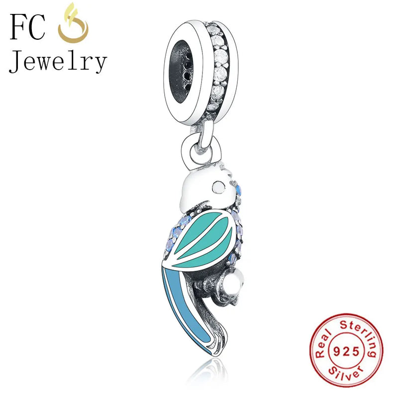 925 Sterling Silver Parrot & Green Enamel Feather Zircon Bead Bracelet Charm
