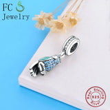925 Sterling Silver Parrot & Green Enamel Feather Zircon Bead Bracelet Charm