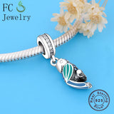 925 Sterling Silver Parrot & Green Enamel Feather Zircon Bead Bracelet Charm