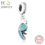 925 Sterling Silver Parrot & Green Enamel Feather Zircon Bead Bracelet Charm