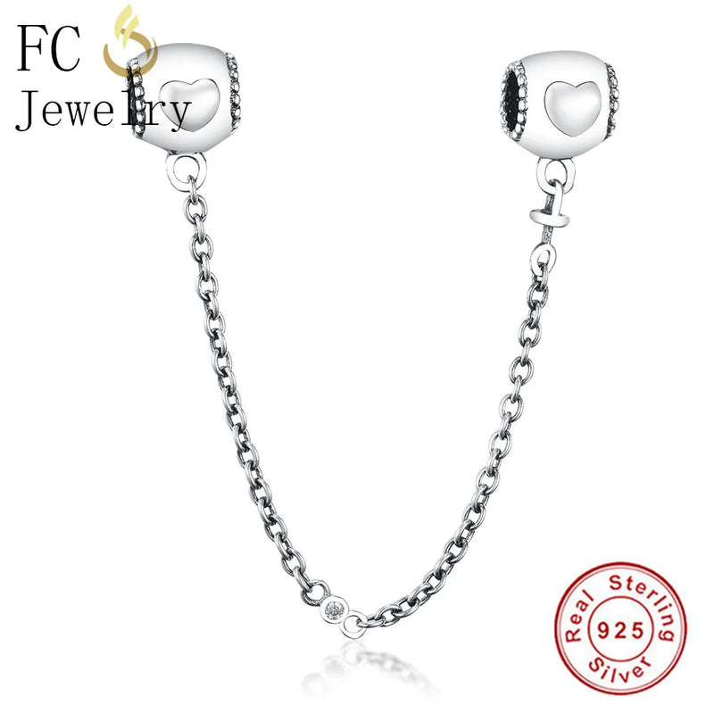 925 Sterling Silver Bracelet Charms Tube Heart Beads Safety Chain Spacer DIY