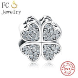 925 Silver Four-leaf Hearts Clover CZ Stone Beads Bracelet Berloque