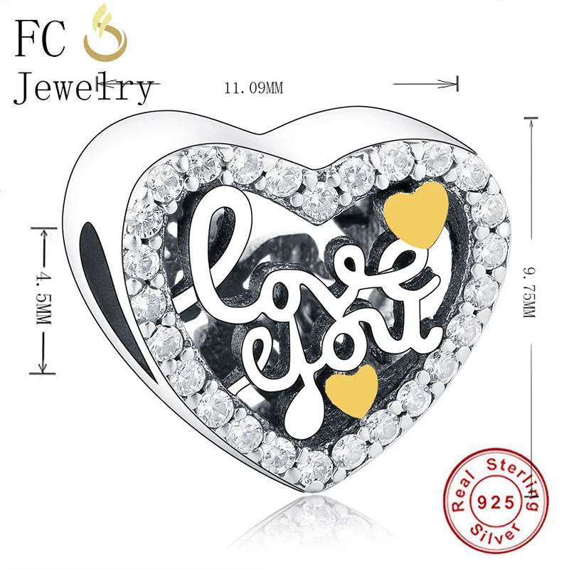 925 Silver Heart Love You Bead for Charm Bracelet