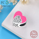 925 Silver Love Heart CZ Beads Enamel Charms Bracelet DIY