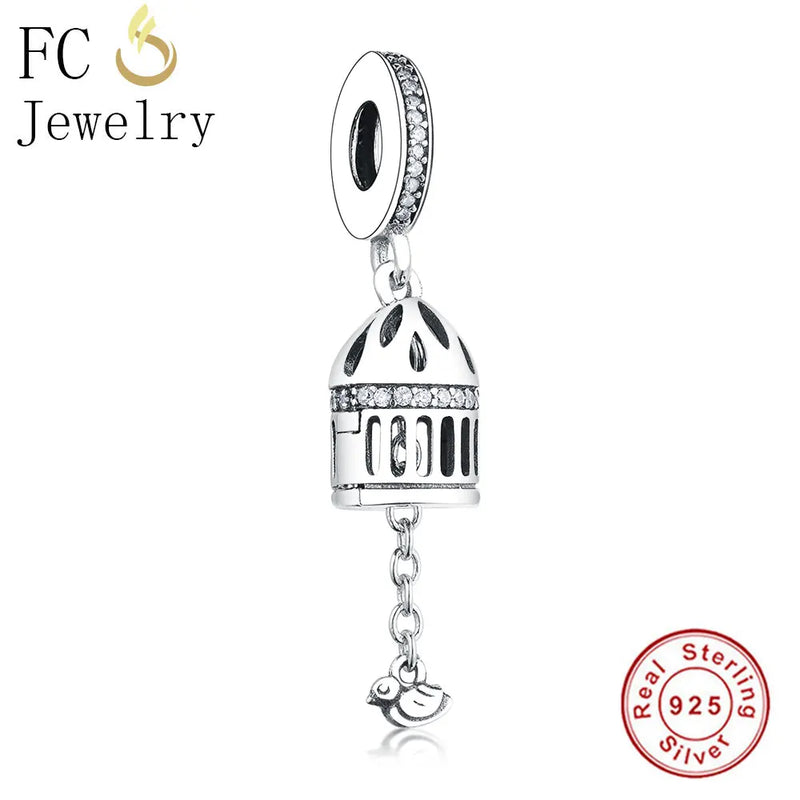 925 Silver Bird Cage Bead Pendant for Women Berloque Gift
