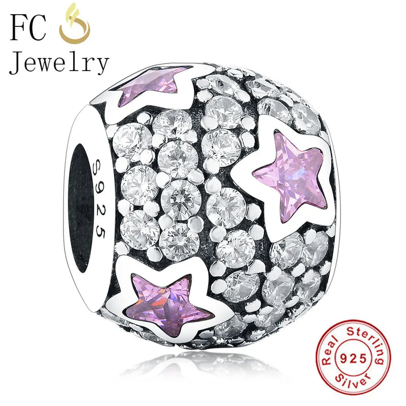 Sterling Silver Star & Pink Natural Crystal Stone Love Beads Bracelet Charm