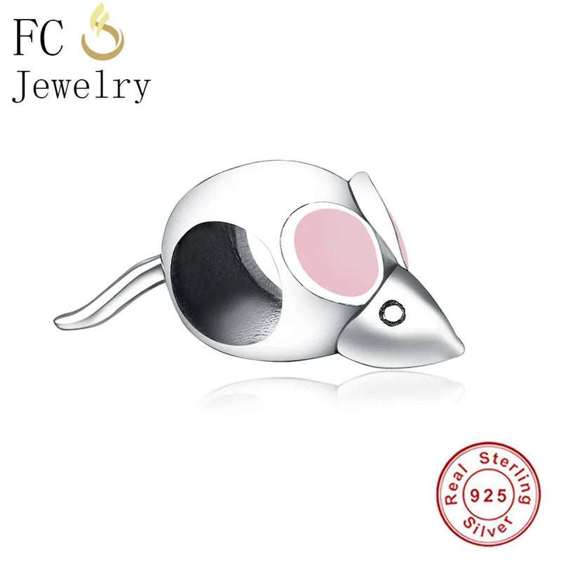 925 Sterling Silver Mouse Charm Bracelet Pink Enamel Beads