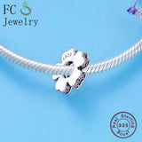 925 Silver Purple Zircon Flower Charm Bracelet Spacer Berloque