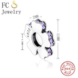 925 Silver Purple Zircon Flower Charm Bracelet Spacer Berloque