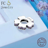 925 Silver Purple Zircon Flower Charm Bracelet Spacer Berloque