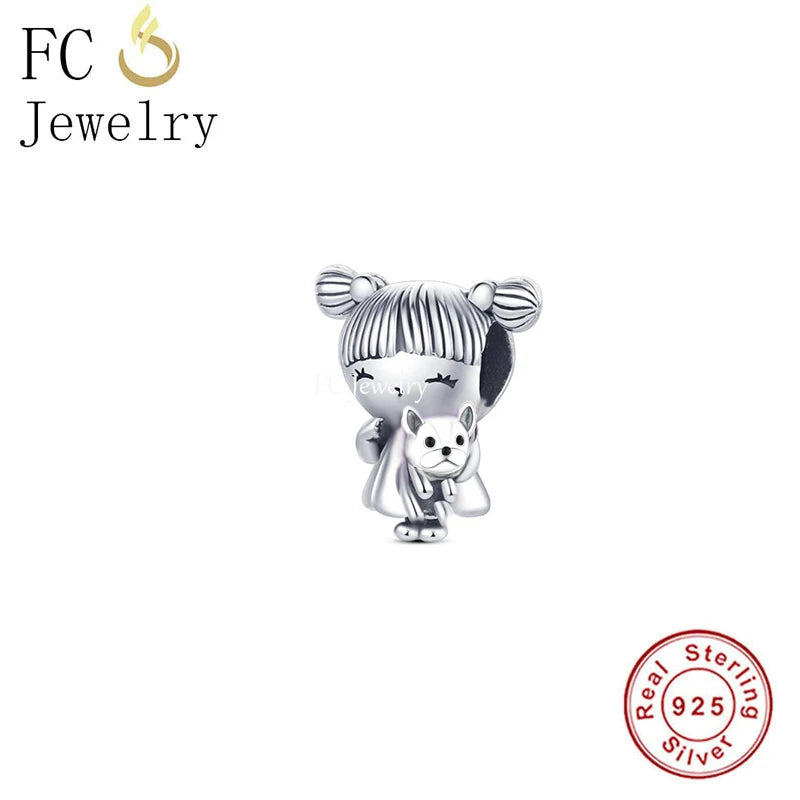 925 Silver Braid Girl Hug Unicorn Cat Bulldog Bead