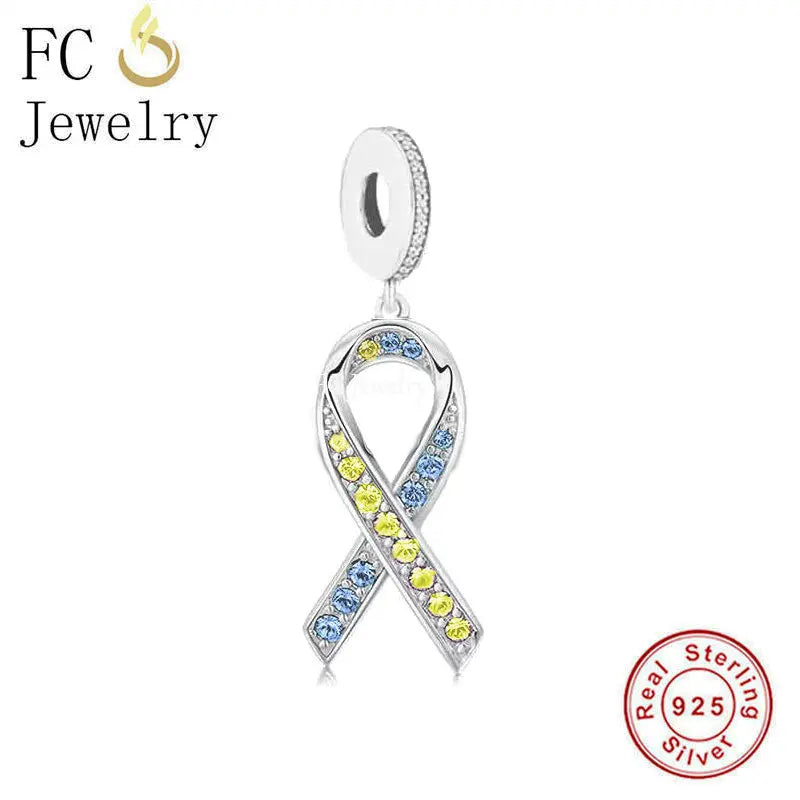 925 Silver Down Syndrome & Yellow Zircon Ribbon Awareness Bead