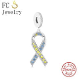925 Silver Down Syndrome & Yellow Zircon Ribbon Awareness Bead