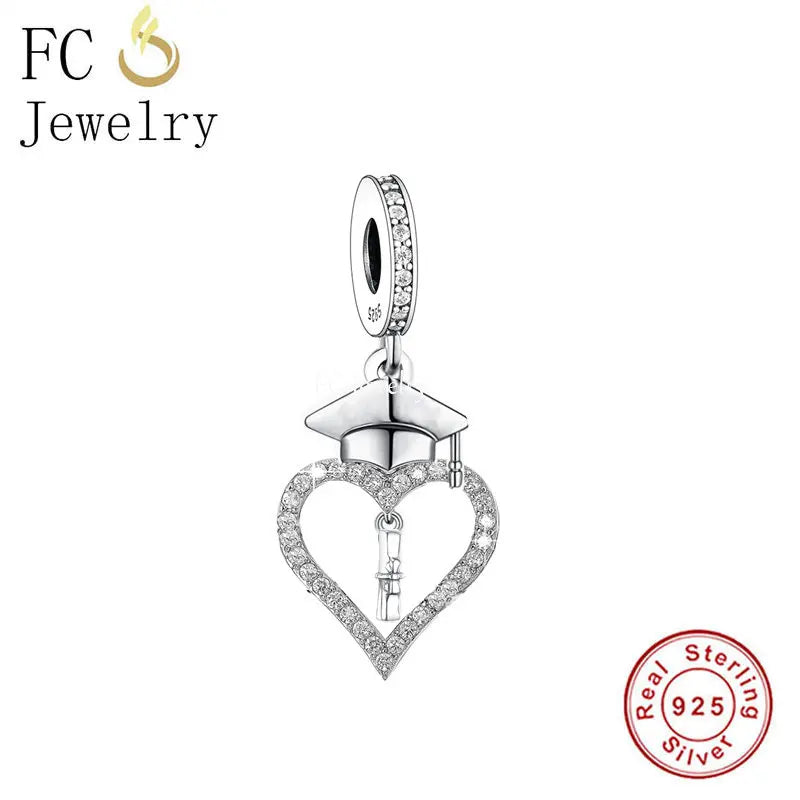925 Silver Graduation Hat Heart Charm Bead for Bracelet