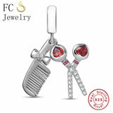 925 Silver Charm Bracelet Love Life Scissors Comb Bead Barber Profession