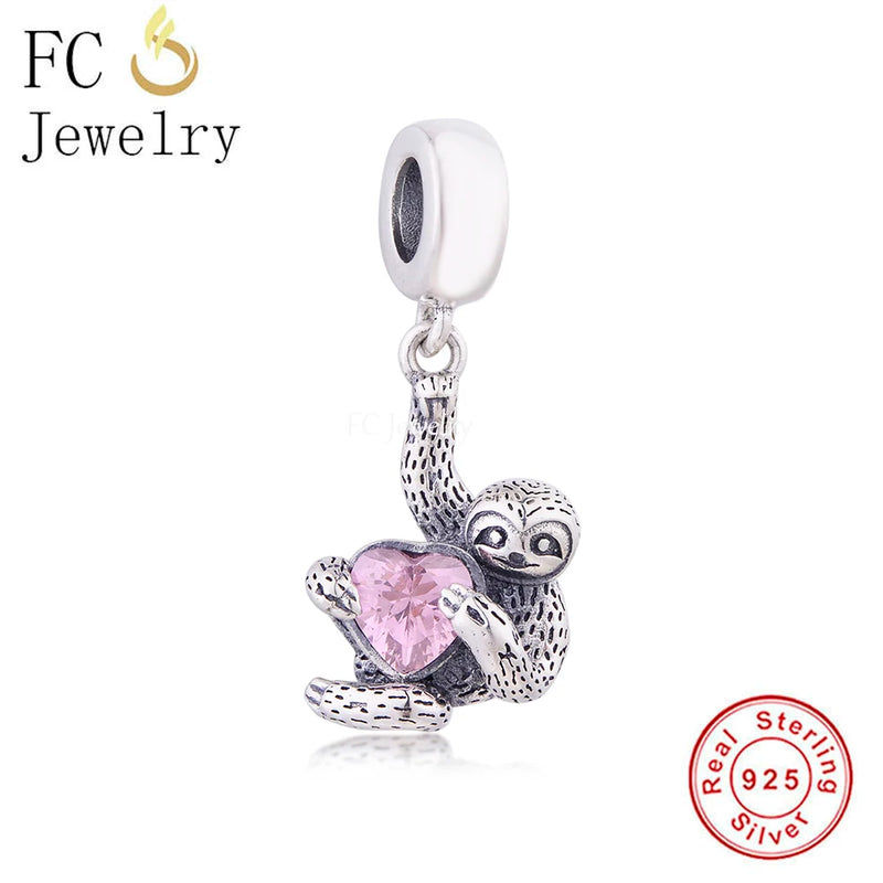 925 Silver Monkey Charm Bead Pink Heart Zirconia Stone