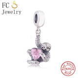 925 Silver Monkey Charm Bead Pink Heart Zirconia Stone