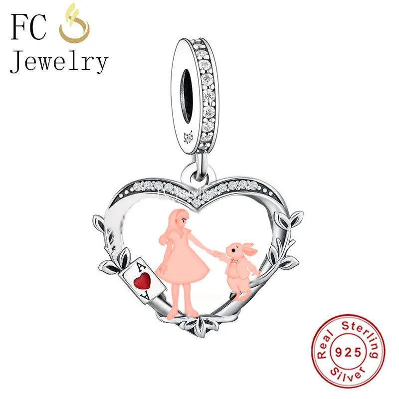 925 Silver Plant Poker Girl and Rabbit Bunny Charm Bead