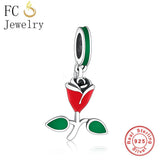 925 Silver Red Flower Rose Charm Bead Bracelet