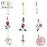 925 Silver Red Flower Rose Charm Bead Bracelet