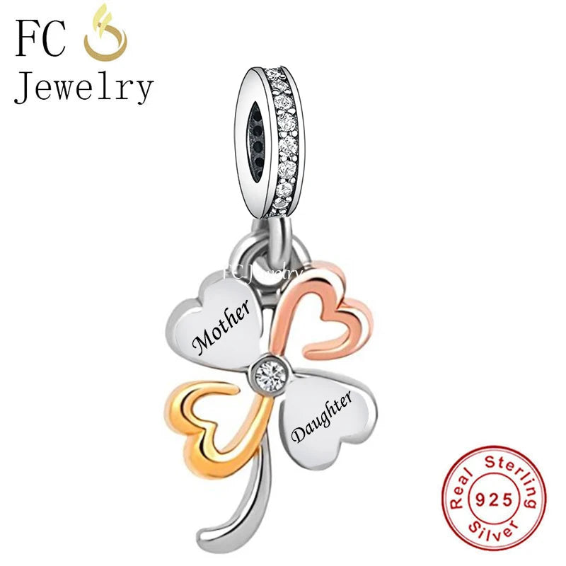 925 Silver Rose Clover Mother Daughter Charm Bead