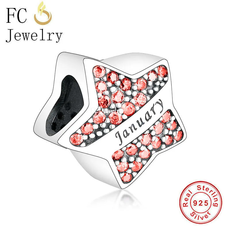 925 Silver Star Zircon Bead January December Charm Bracelet