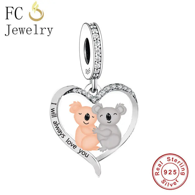 925 Silver Couple Koala Always Love You Charm Bracelet Bead Christmas DIY
