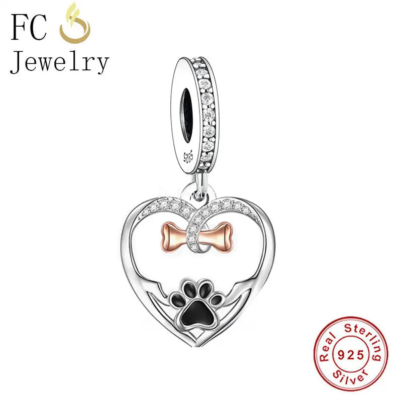 925 Silver Two Tone Love My Dog Paw Bone Bead Charm Bracelet