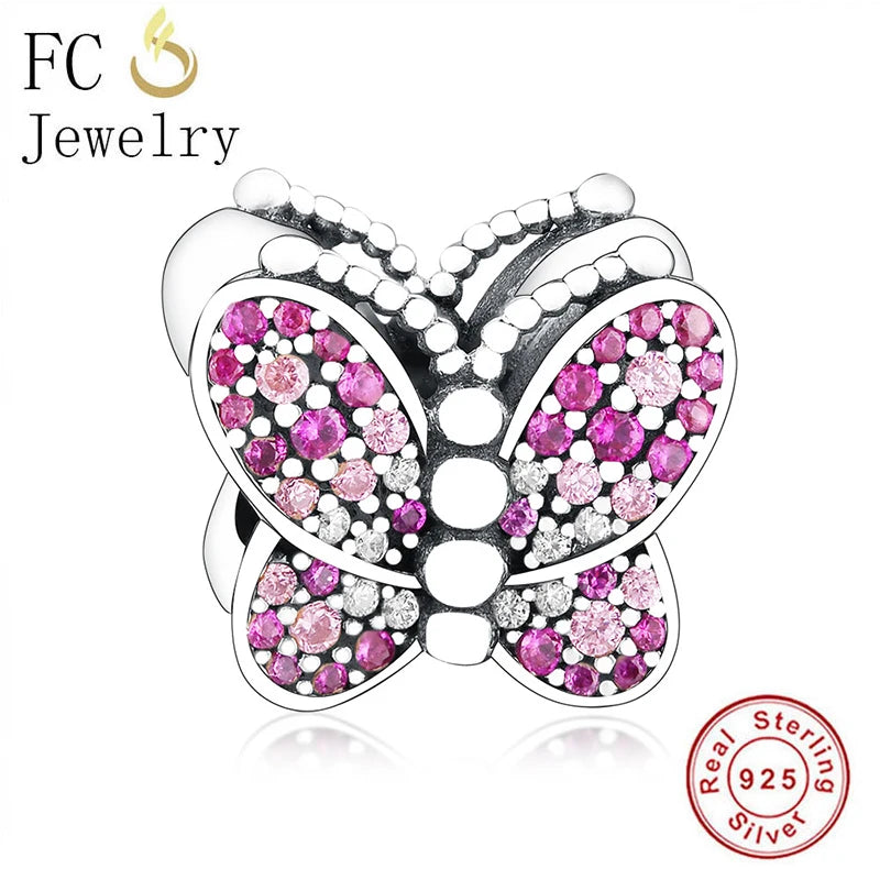 925 Sterling Silver Butterfly Charm with Pink Zirconia Bead