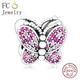 925 Sterling Silver Butterfly Charm with Pink Zirconia Bead