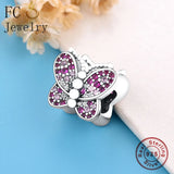 925 Sterling Silver Butterfly Charm with Pink Zirconia Bead