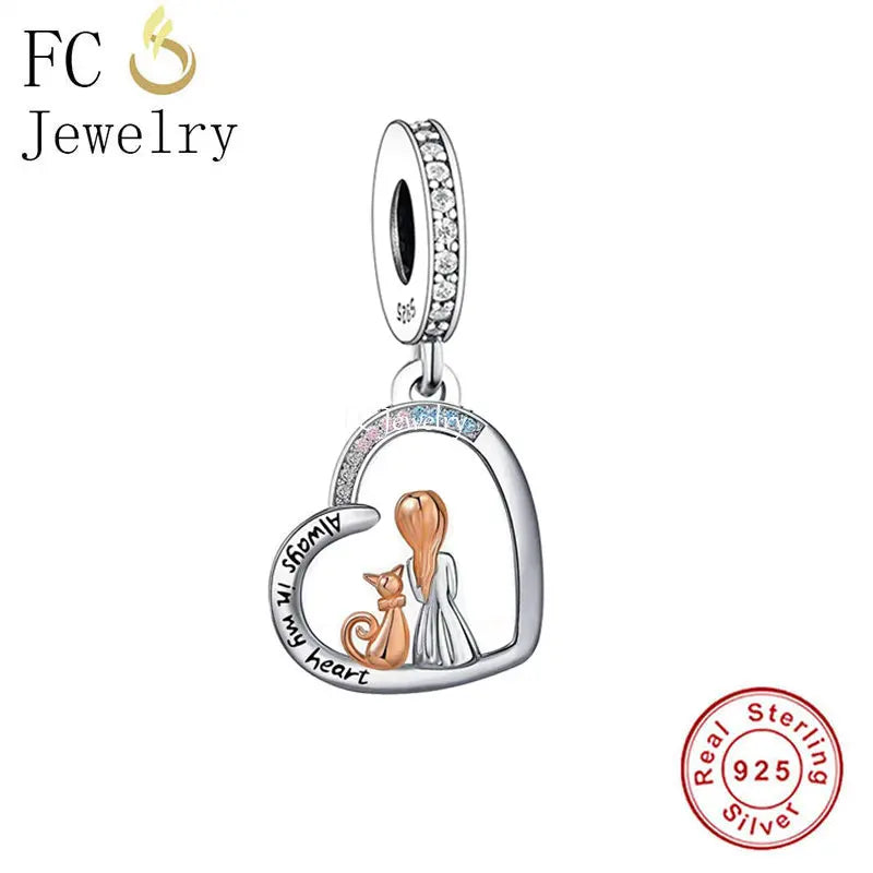 925 Silver Heart Girl And Cat Charm Bead For Women