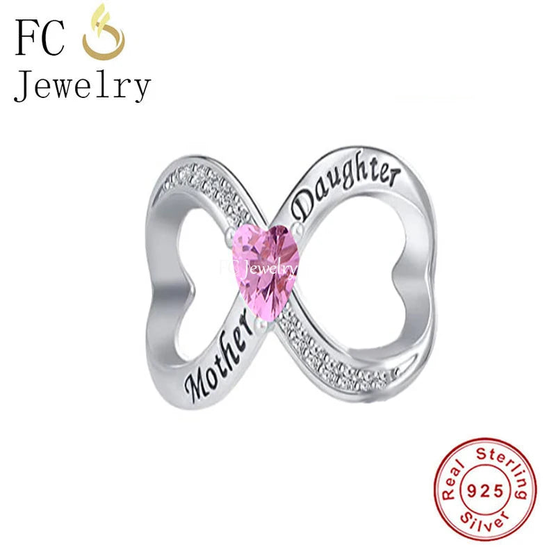 925 Silver Mother Daughter Infinity Pink CZ Charm Bead