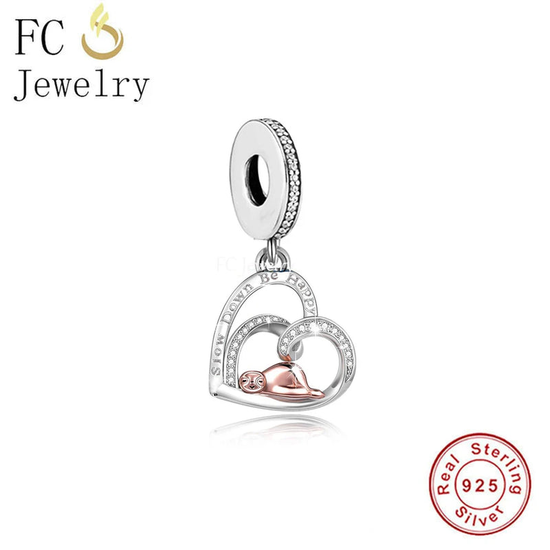 925 Silver Sloth On Heart Bead for Charm Bracelet