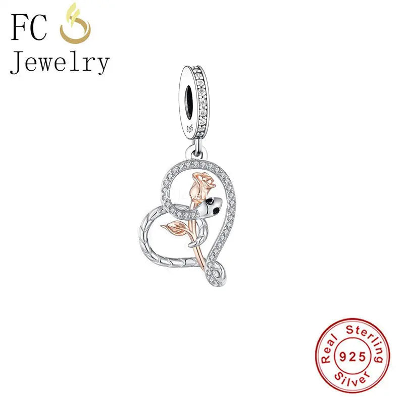 925 Silver Snake & Rose Flower Bead Charm Bracelet