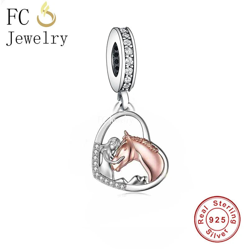 925 Silver Girl And Horse Charm Bead Fit Charm Bracelet