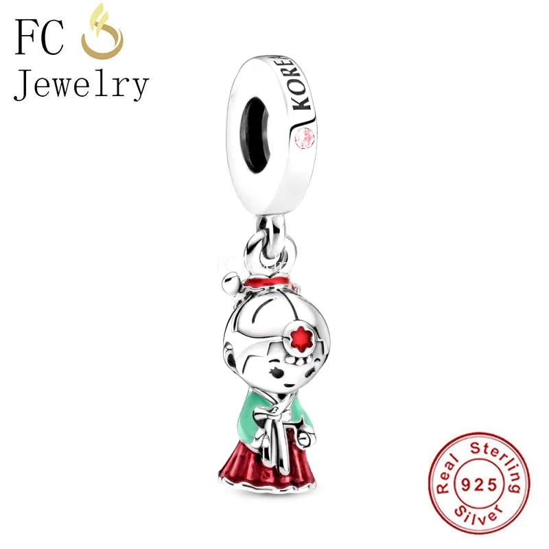 925 Silver Korea Girl With Hanbok Dress Bead Charm Bracelet