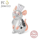 925 Sterling Silver Rose Rat Mouse Charm Bead for Bracelet