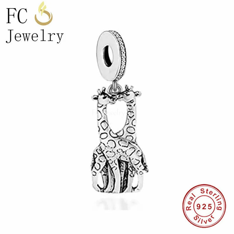 925 Silver Couple Giraffe Love Charm Bead for Bracelet DIY