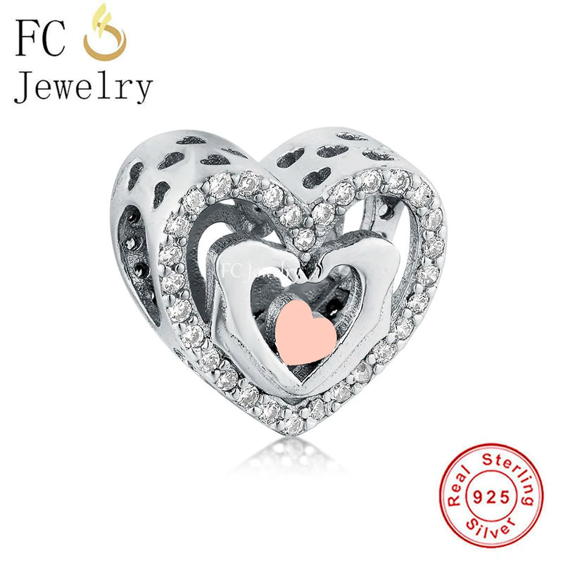 925 Sterling Silver Heart Bead Charm Bracelet for Women