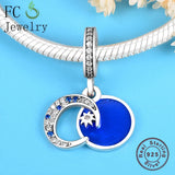 925 Sterling Silver Enamel Moon Star Dangle Bead Charms Bracelet