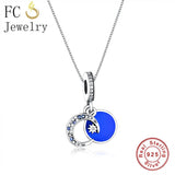 925 Sterling Silver Enamel Moon Star Dangle Bead Charms Bracelet