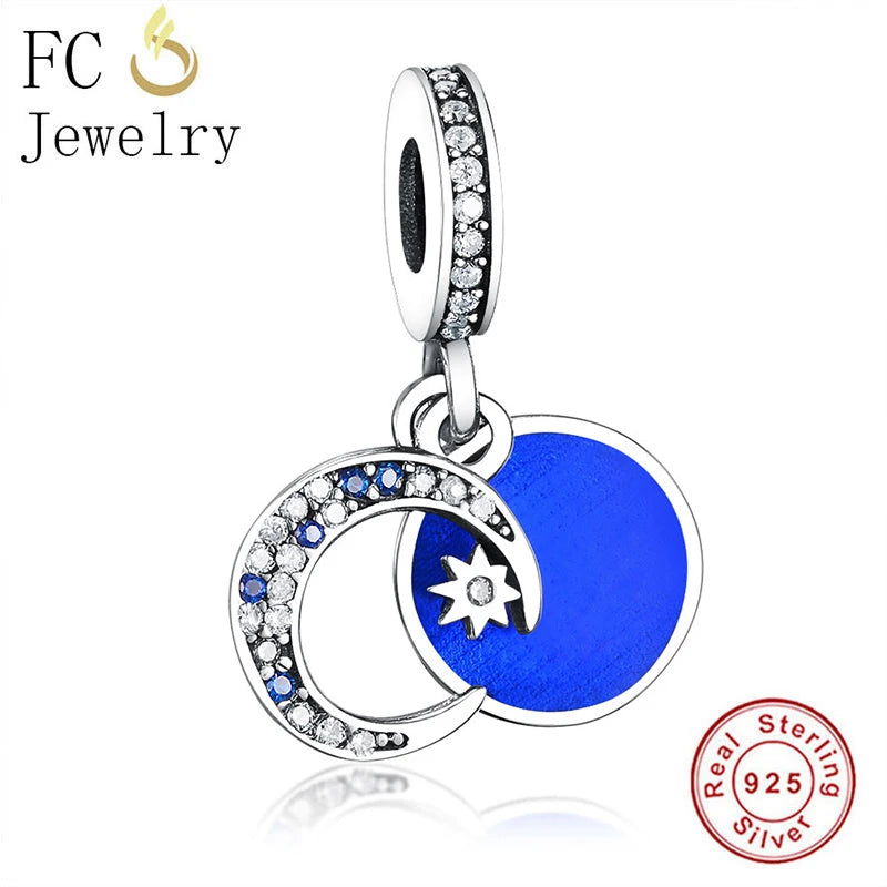925 Sterling Silver Enamel Moon Star Dangle Bead Charms Bracelet