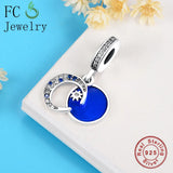 925 Sterling Silver Enamel Moon Star Dangle Bead Charms Bracelet